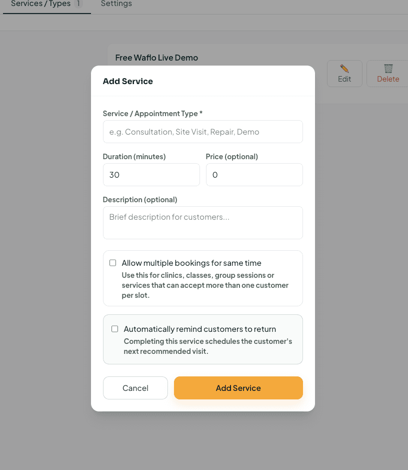 Add Service form with duration, price, description, and booking options