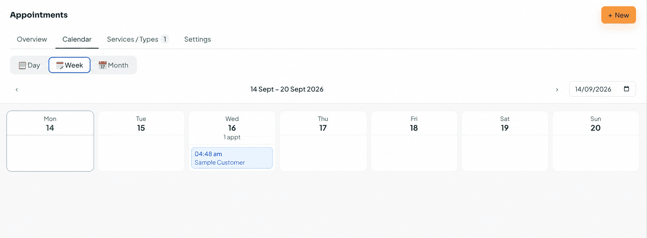 Appointments calendar in Week view with a sample booking