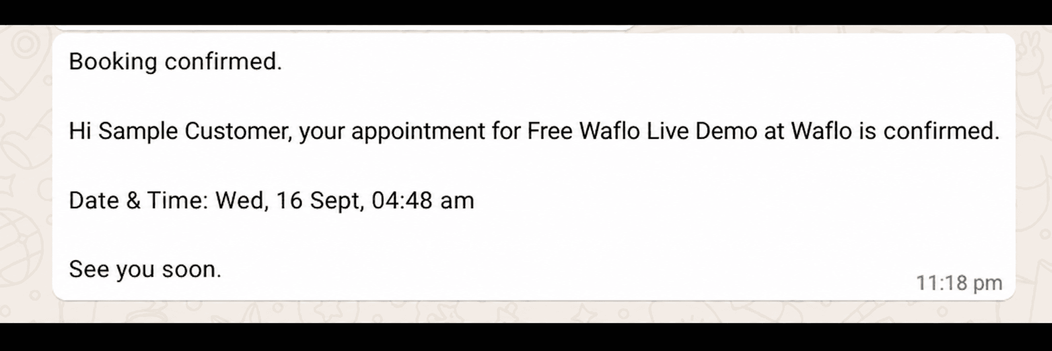 Sample WhatsApp booking confirmation with appointment date and time