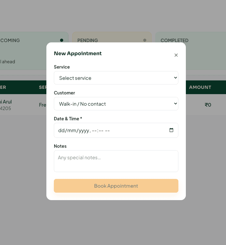 New Appointment form with service, customer, date and time, and notes