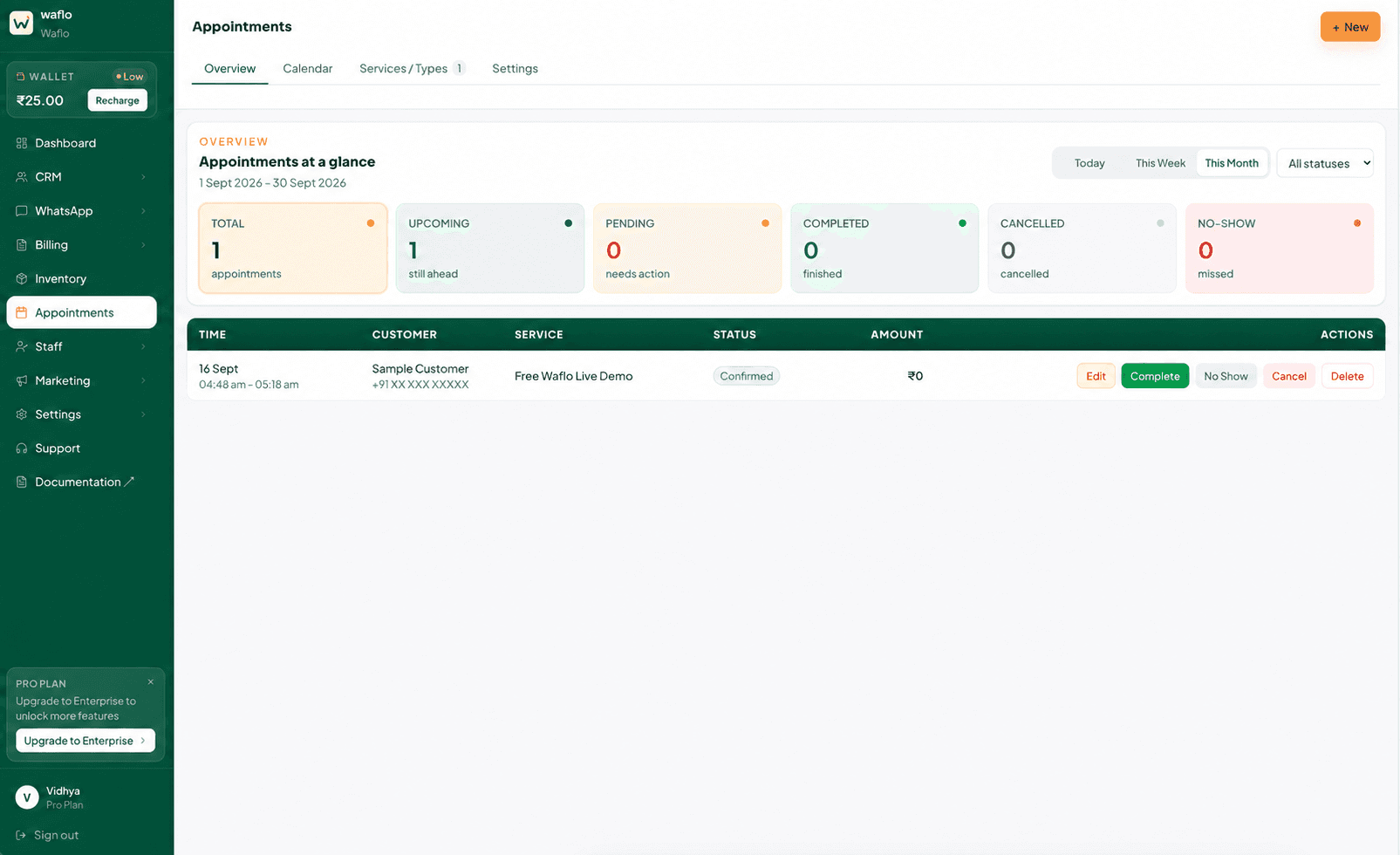 Appointments overview with date range, status cards, and booking list