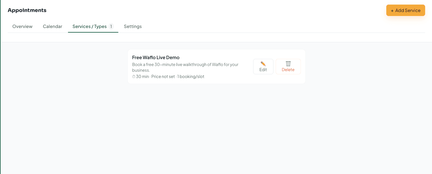 Appointments Services and Types tab with an existing service