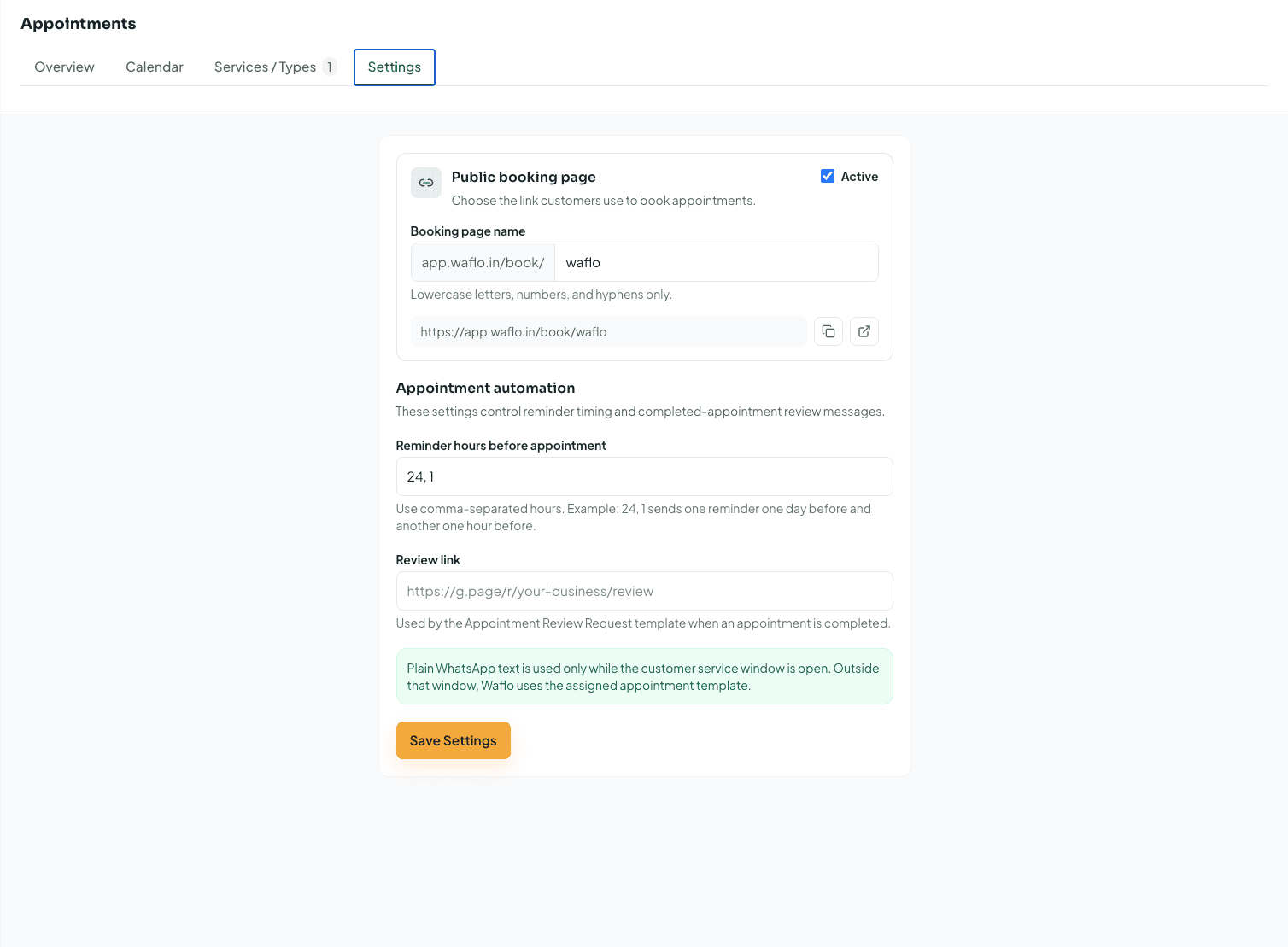 Appointments Settings with public booking URL and automation fields