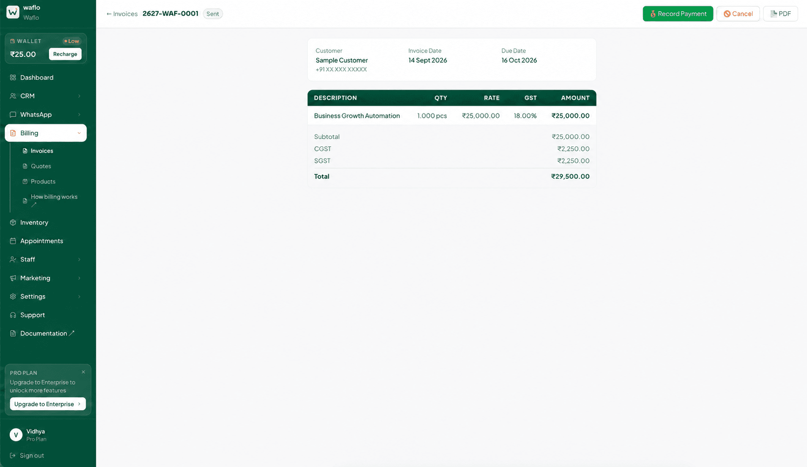 Sent invoice detail with sample customer and payment and PDF actions