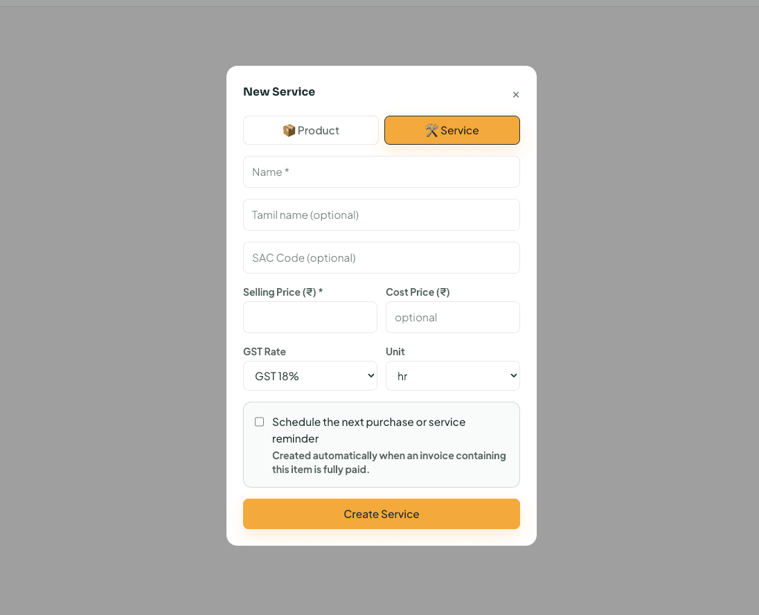 New Service form with SAC code, pricing, GST, and unit