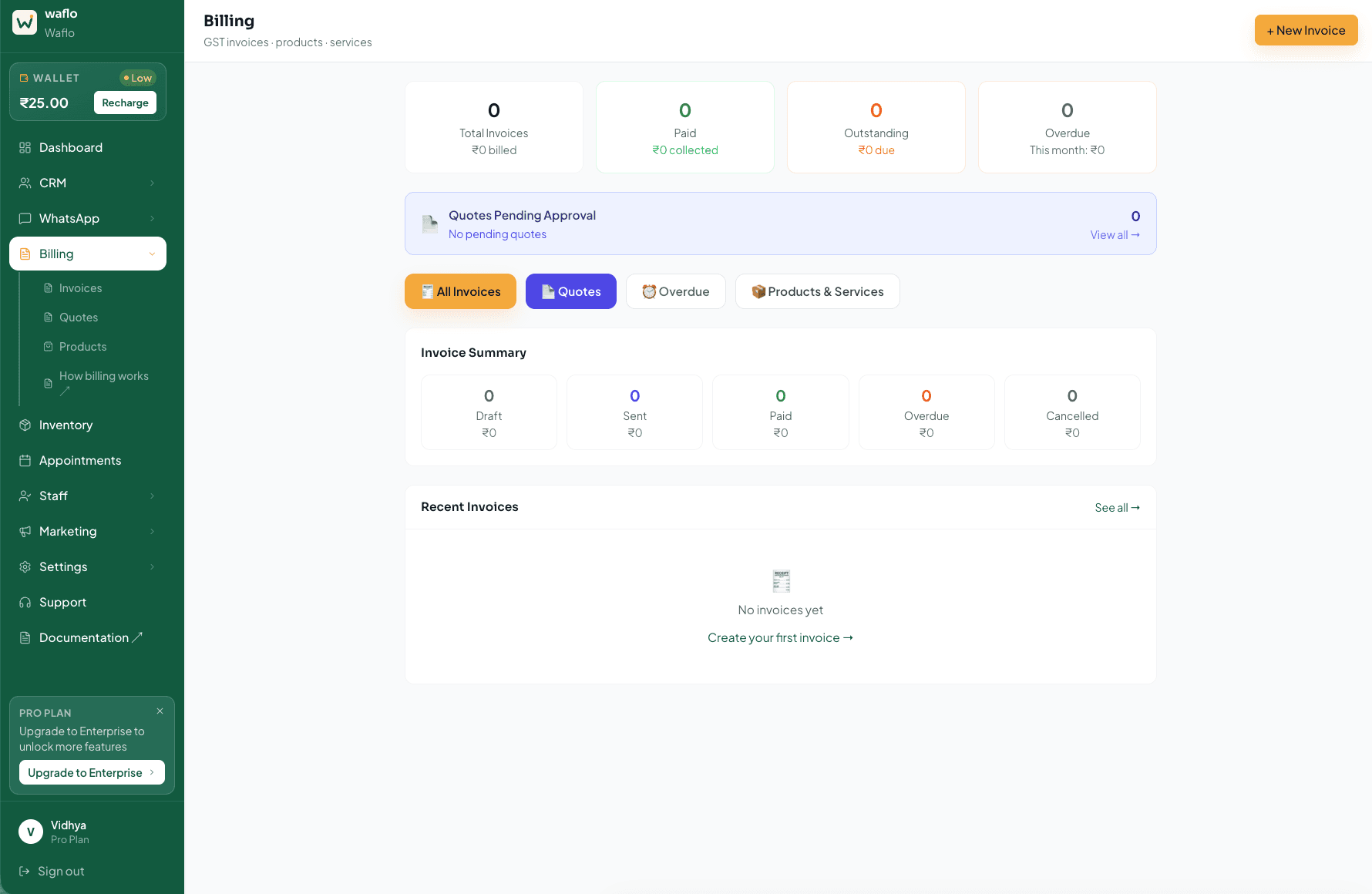 Billing overview with New Invoice button