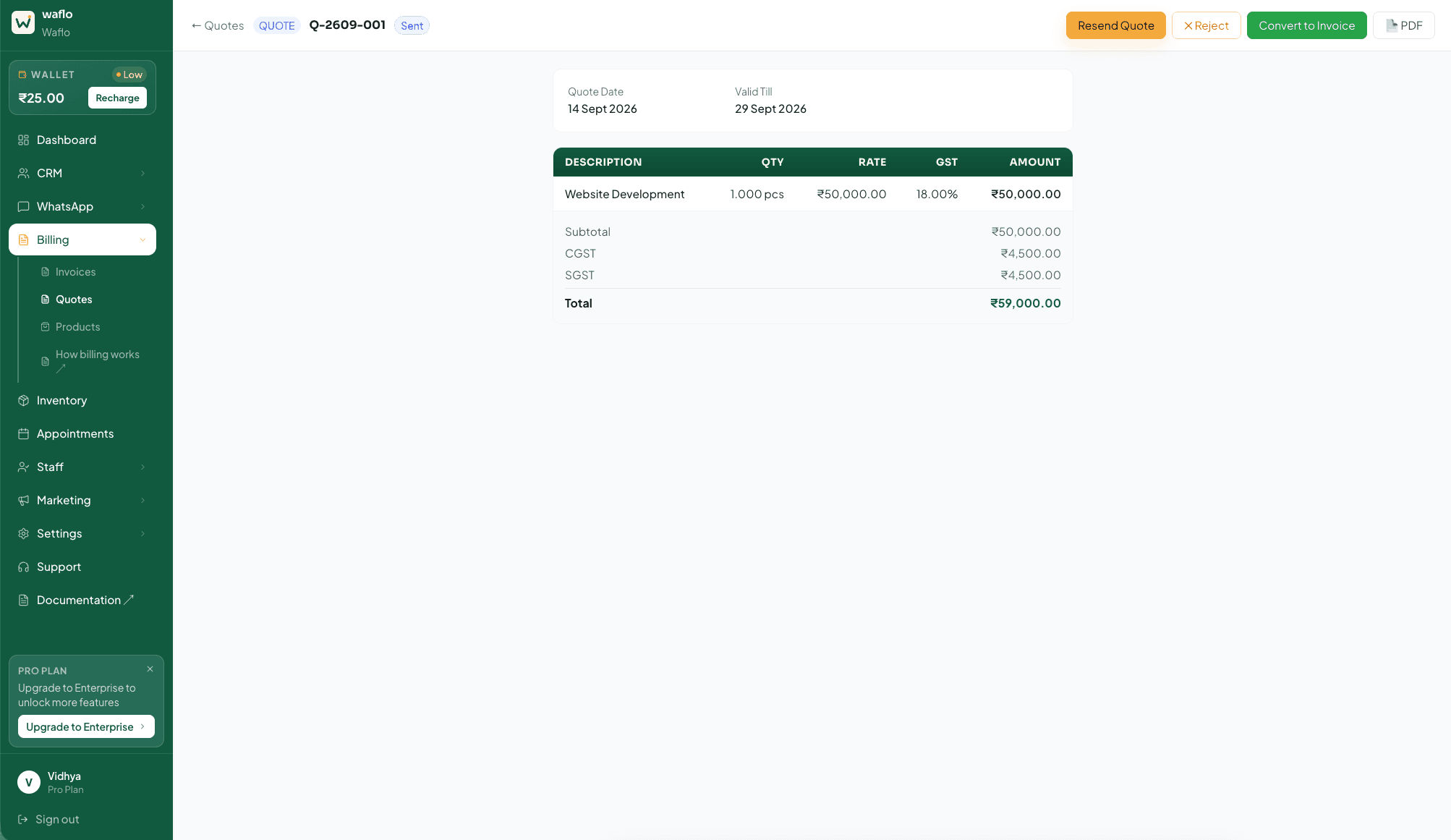 Sent quote detail with Convert to Invoice and PDF actions
