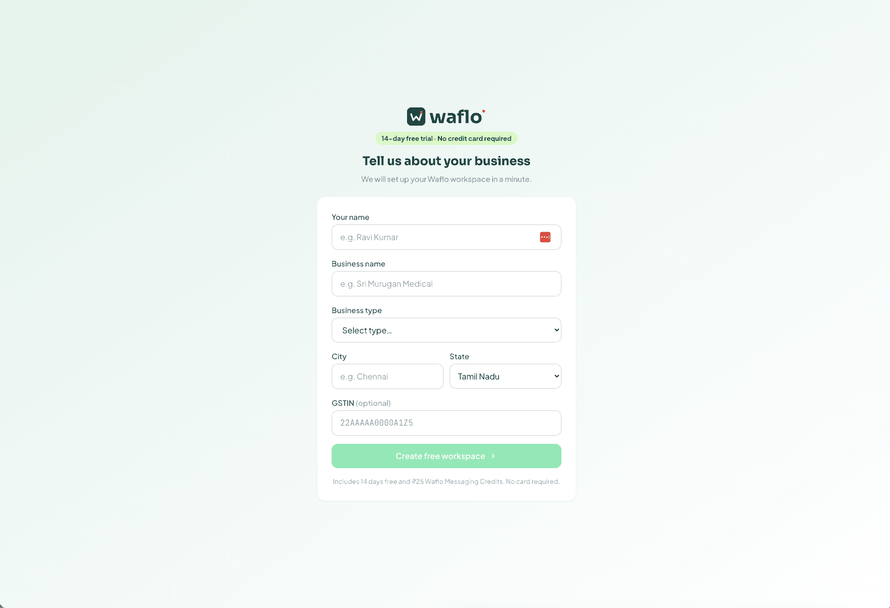Waflo workspace setup form