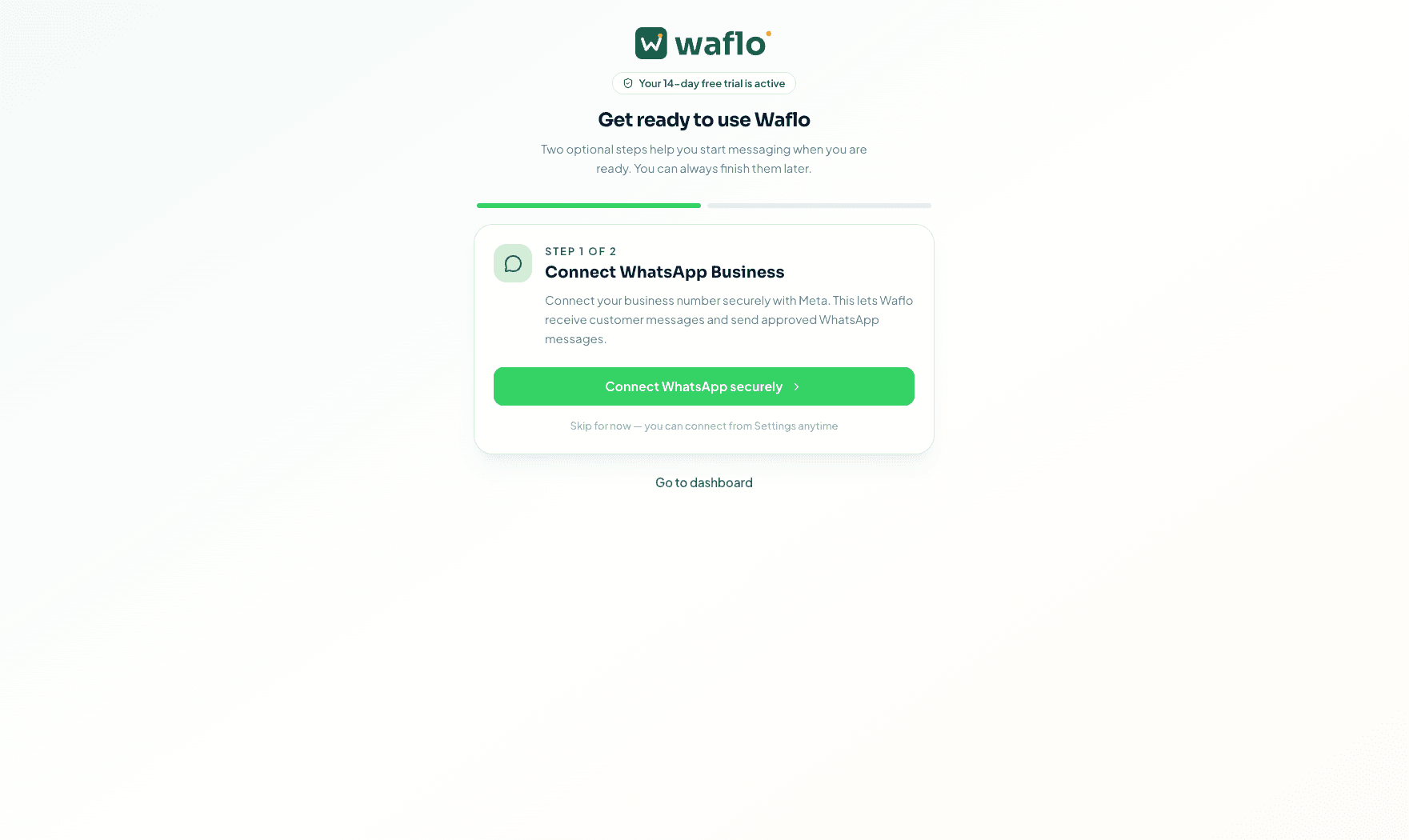 Connect WhatsApp securely button during onboarding