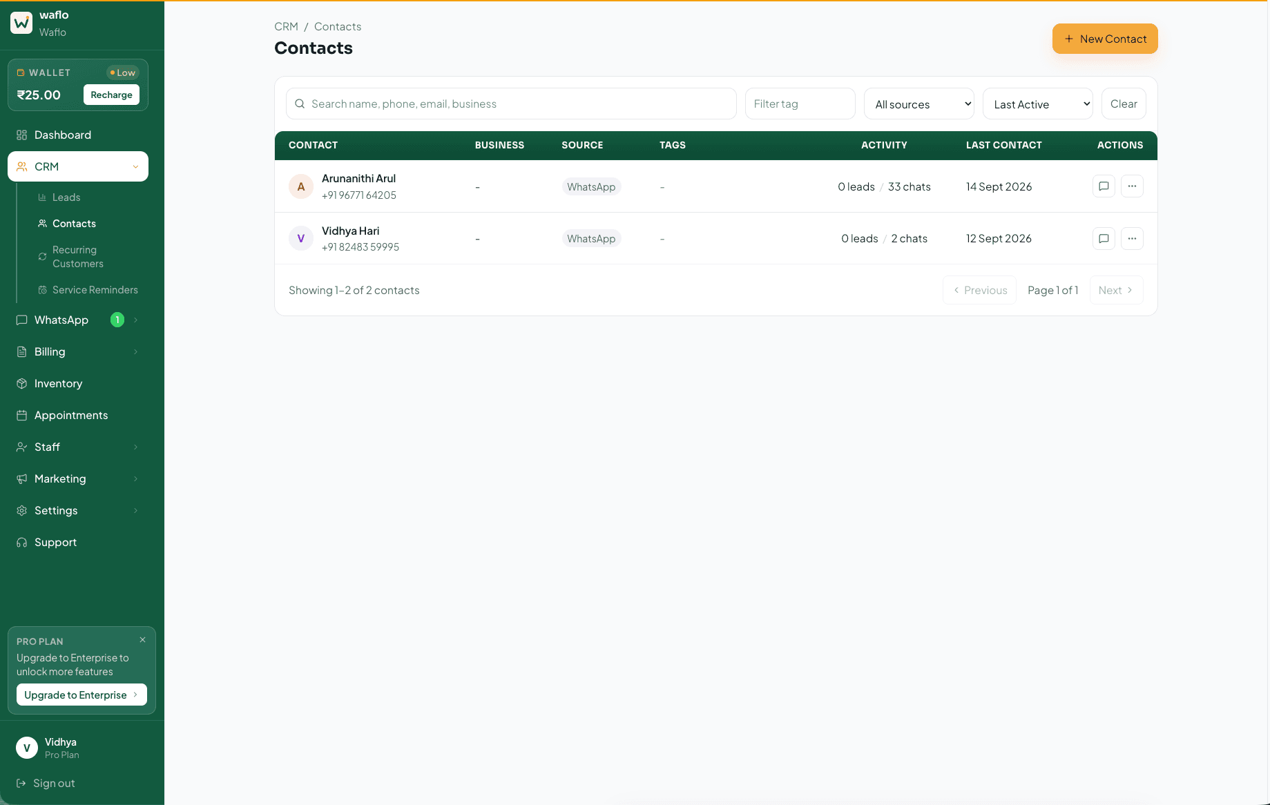 Contacts list with search, filters, and New Contact button