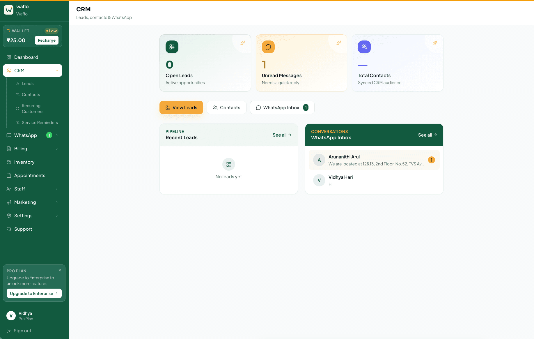CRM overview with leads, unread messages, contacts, and shortcuts