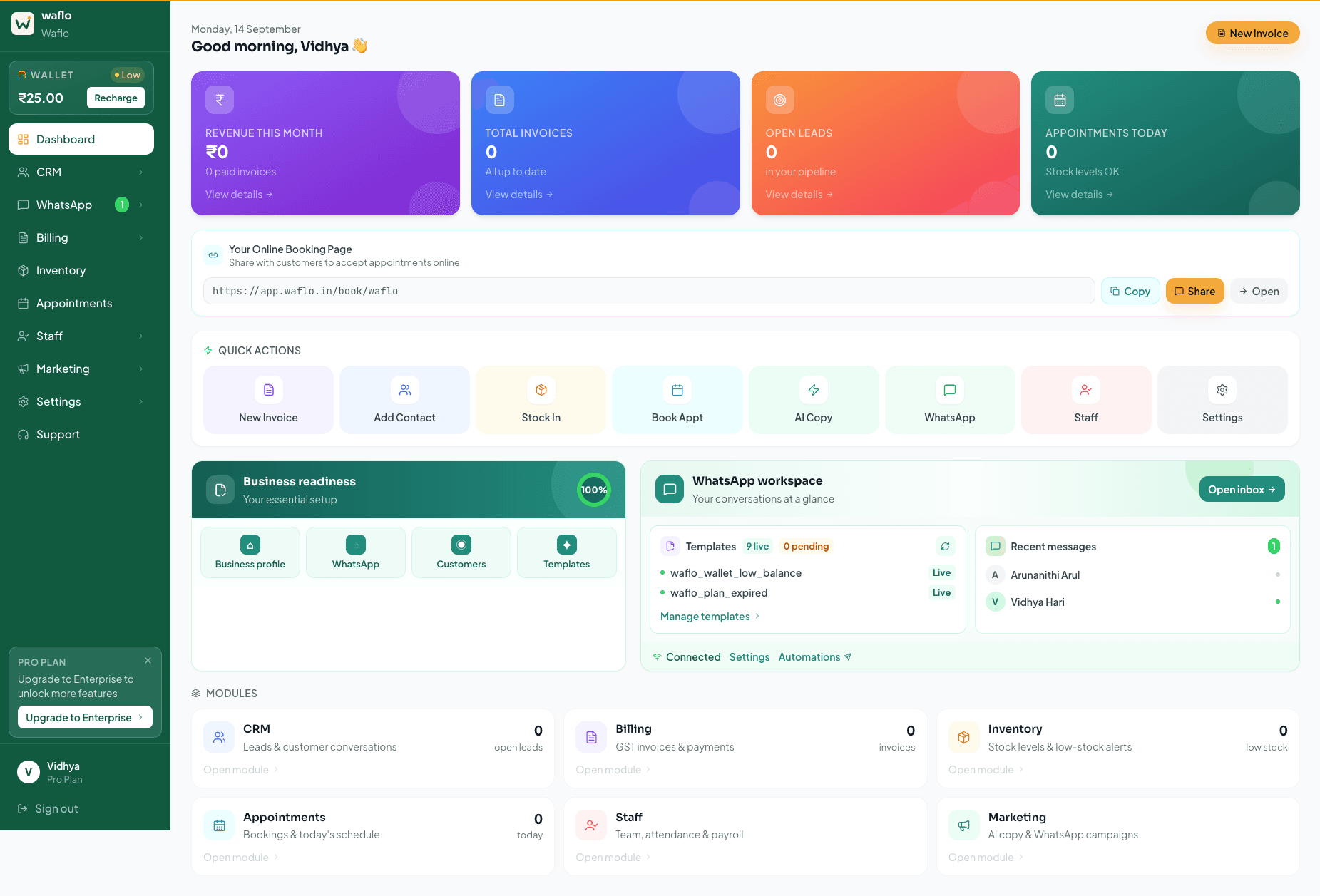 Waflo dashboard with sidebar and quick actions
