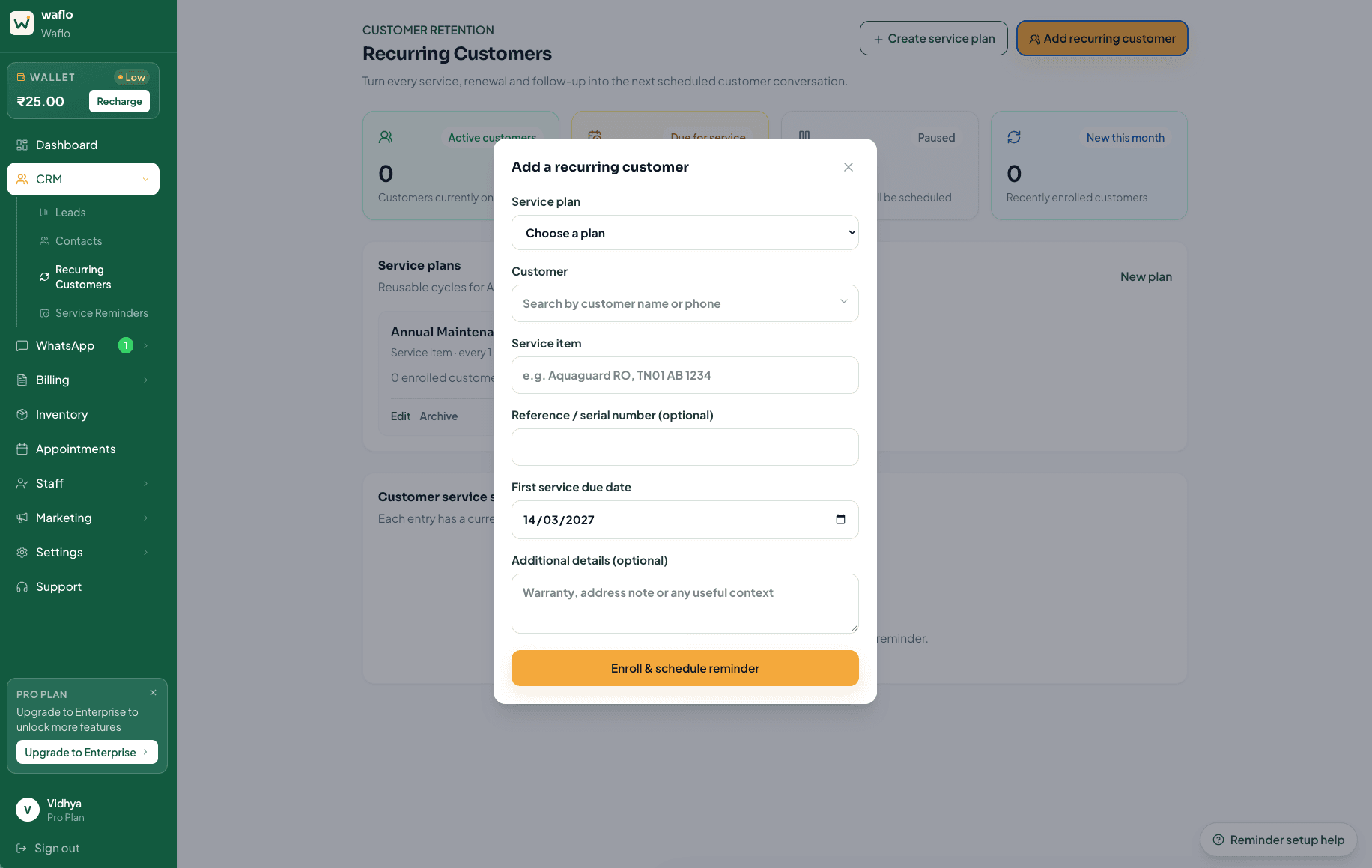 Add a recurring customer form with plan, customer, service item, and due date