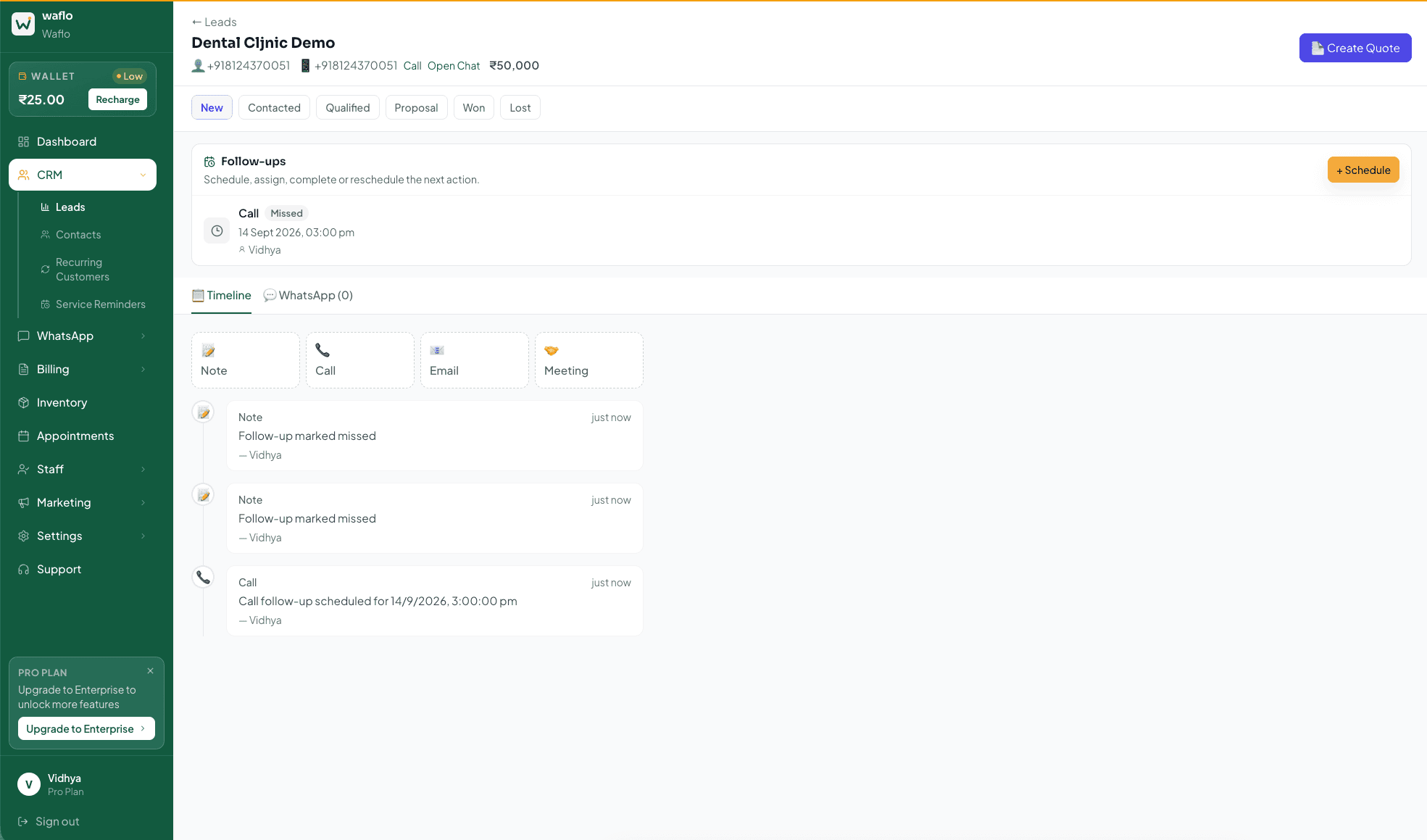 Lead timeline with follow-up and activity entries