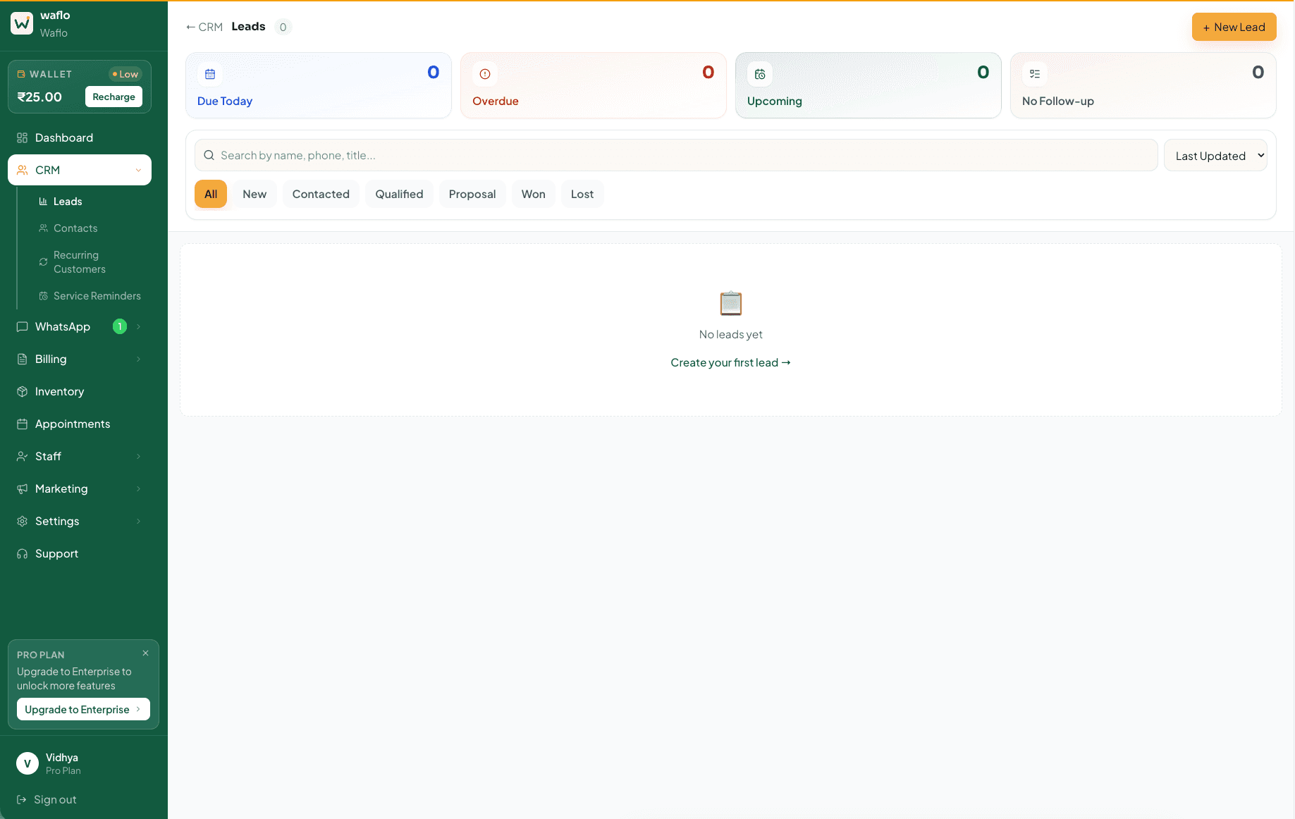Leads list with status filters and New Lead button