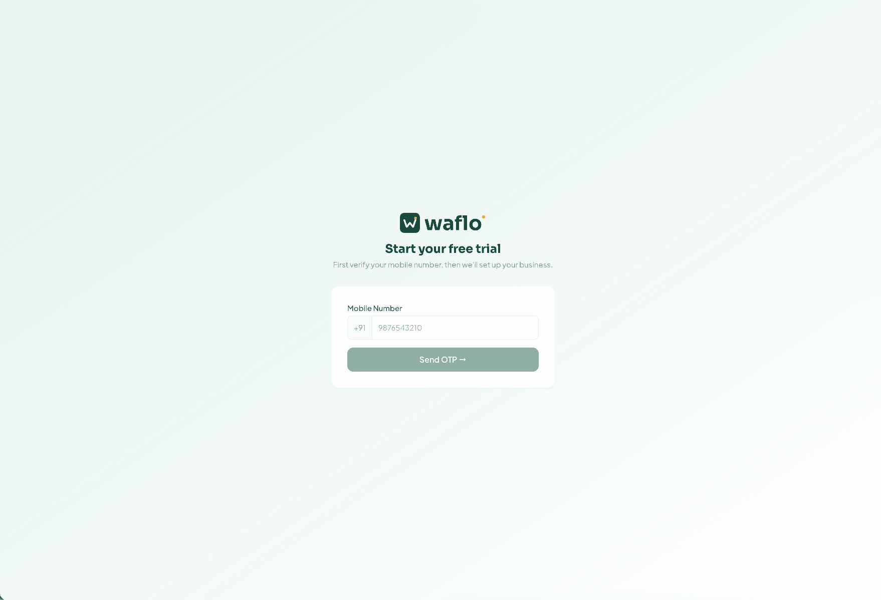 Waflo mobile number entry screen
