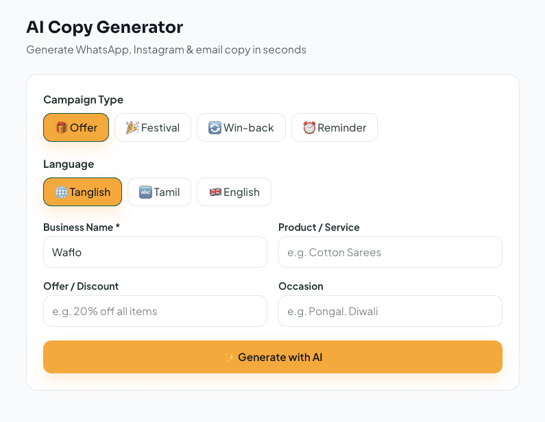 AI Copy Generator with campaign type, language, and campaign details