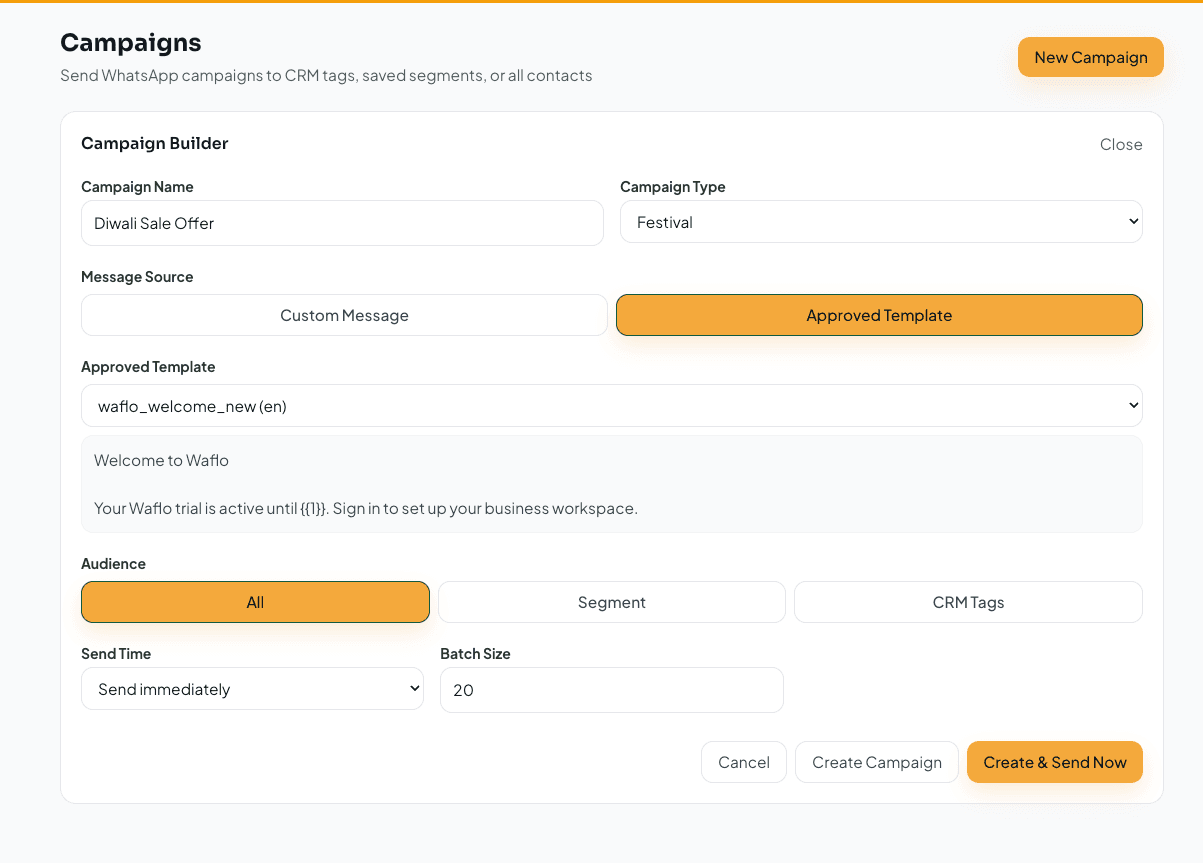 Campaign Builder with template, audience, send time, and action buttons