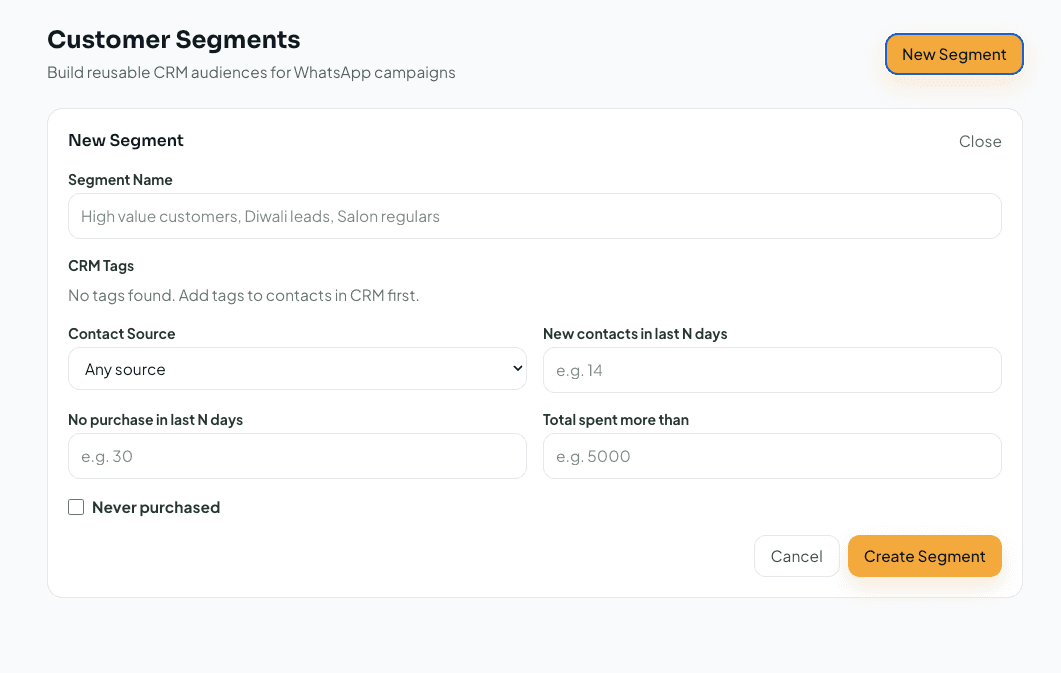 New Segment form with CRM tags, contact source, purchase, and spending filters