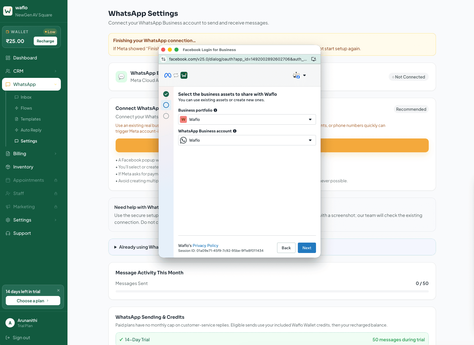 Meta business portfolio and WhatsApp Business account selectors