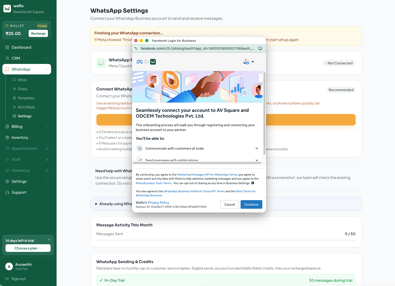 Meta embedded signup introduction window