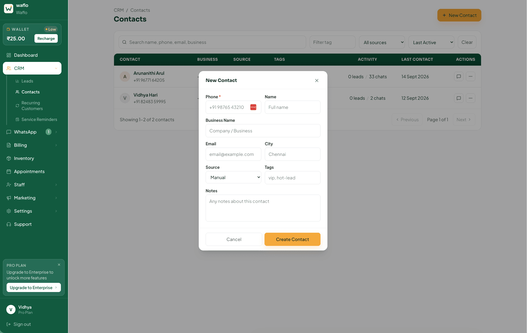 New Contact form with phone and optional customer details