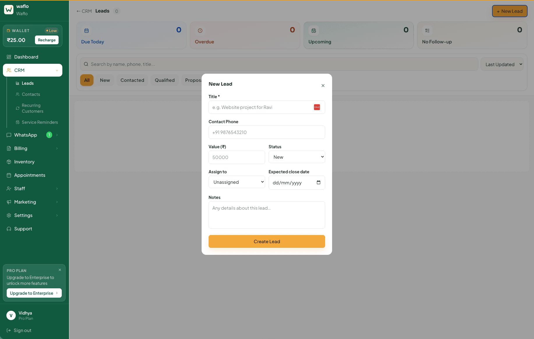 New Lead form with title, contact phone, value, status, and assignment fields