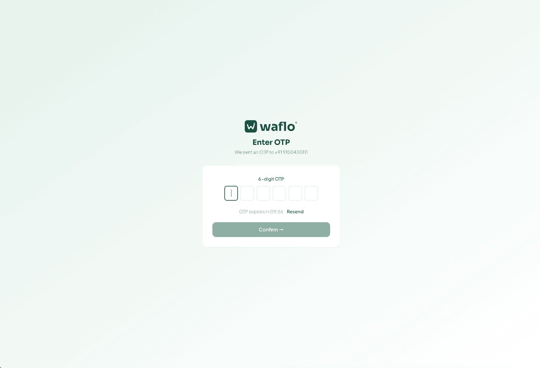 Waflo six-digit OTP entry screen
