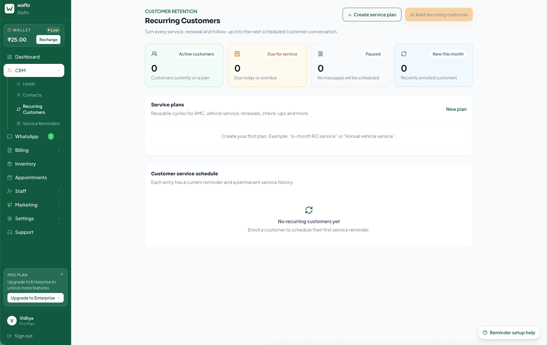 Recurring Customers overview with service plans and customer schedule