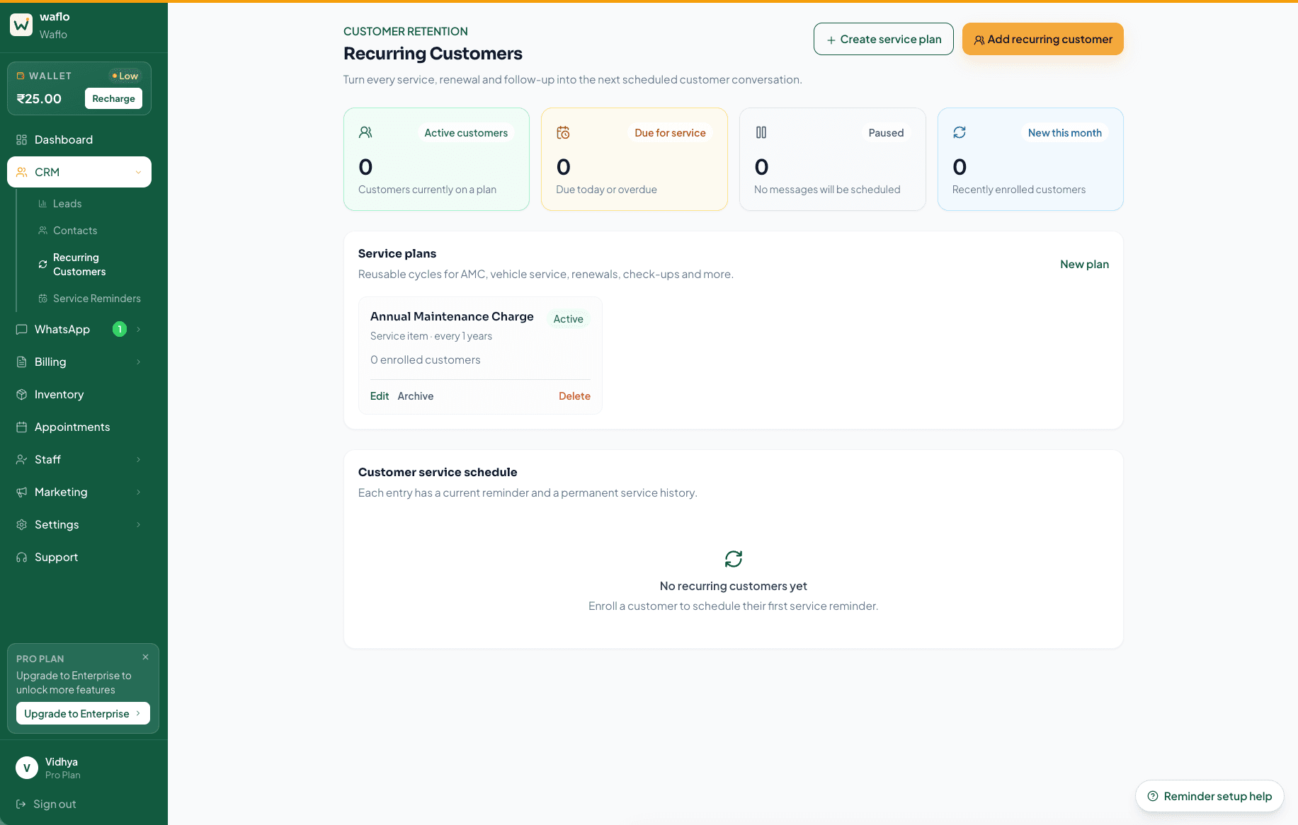 Saved service plan in the Recurring Customers page