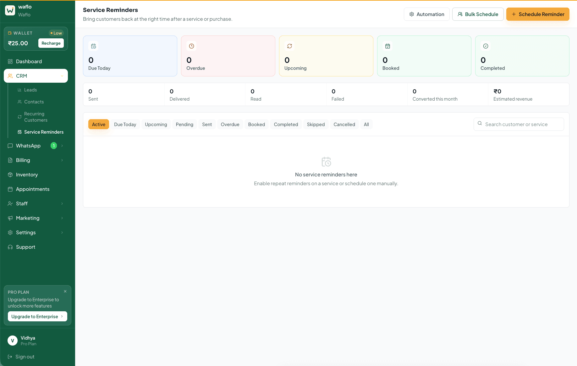 Service Reminders list with status tabs and Schedule Reminder button