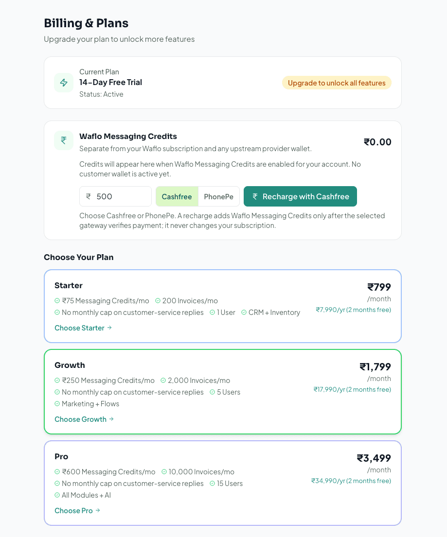 Billing and Plans page with current plan, messaging credits, and plan cards