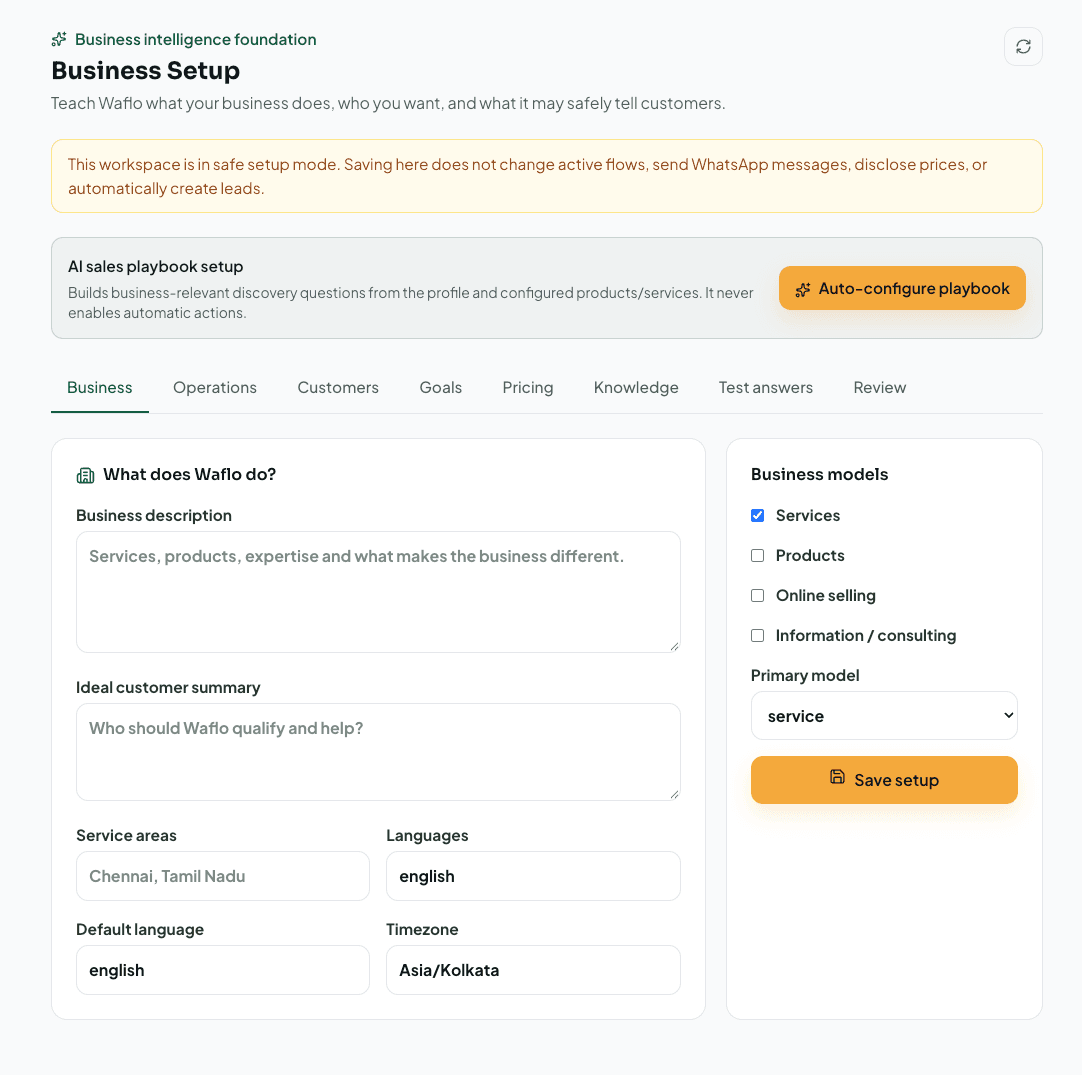 Business Setup page with business profile, model choices, and setup tabs