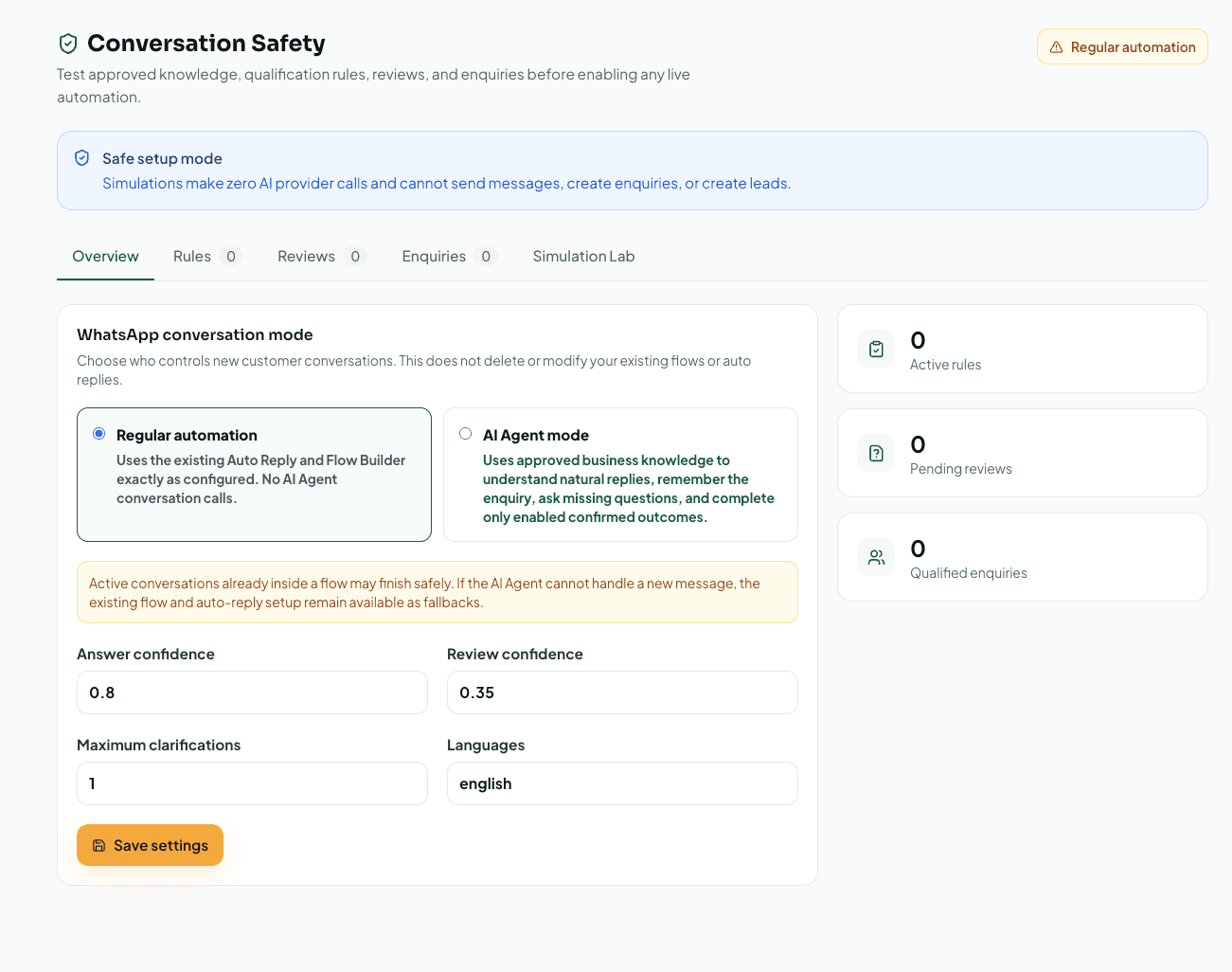 Conversation Safety overview with regular automation and AI Agent mode choices