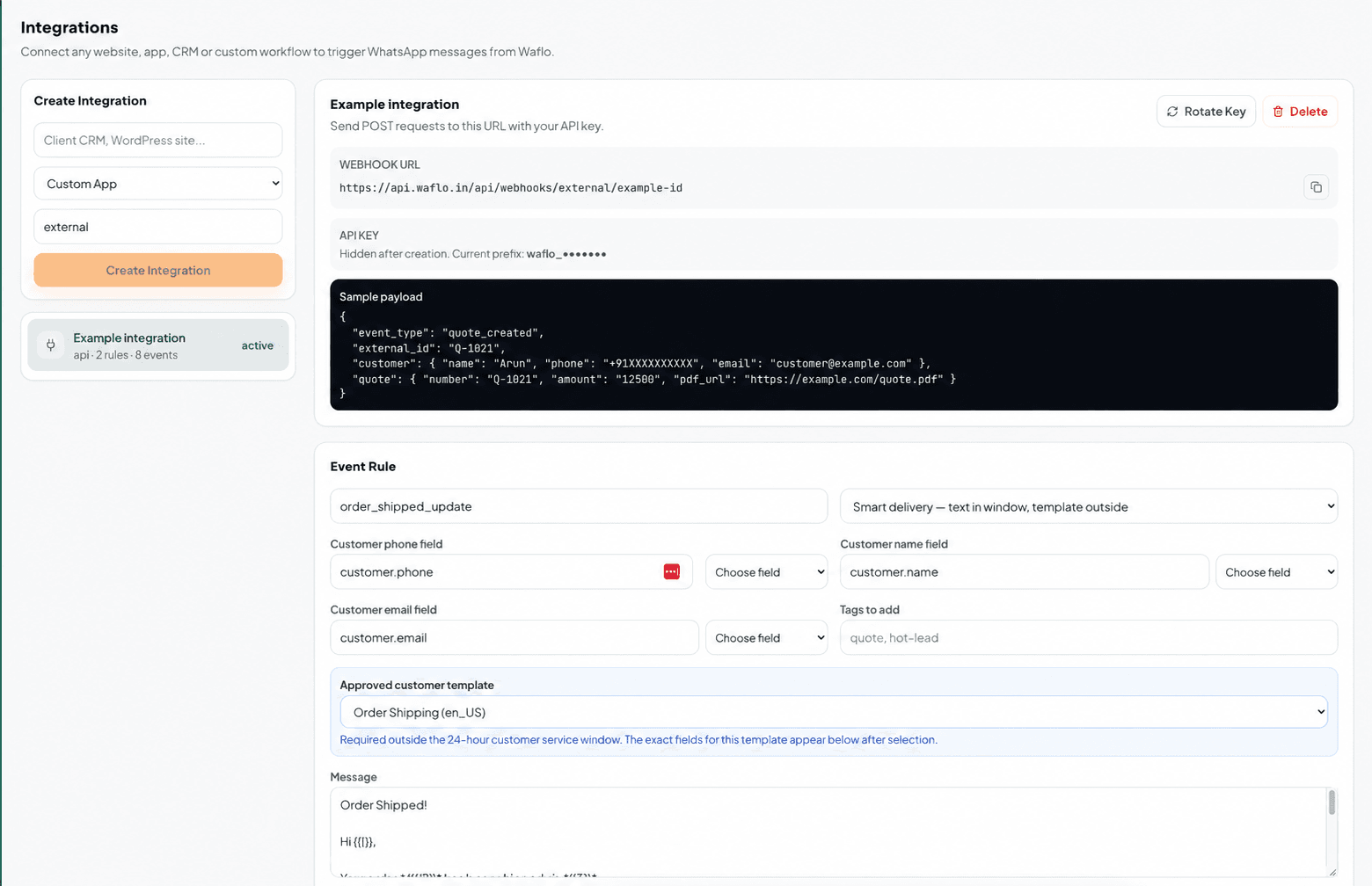Waflo Integrations page showing Create Integration, Webhook URL, API key, sample payload, and Event Rule