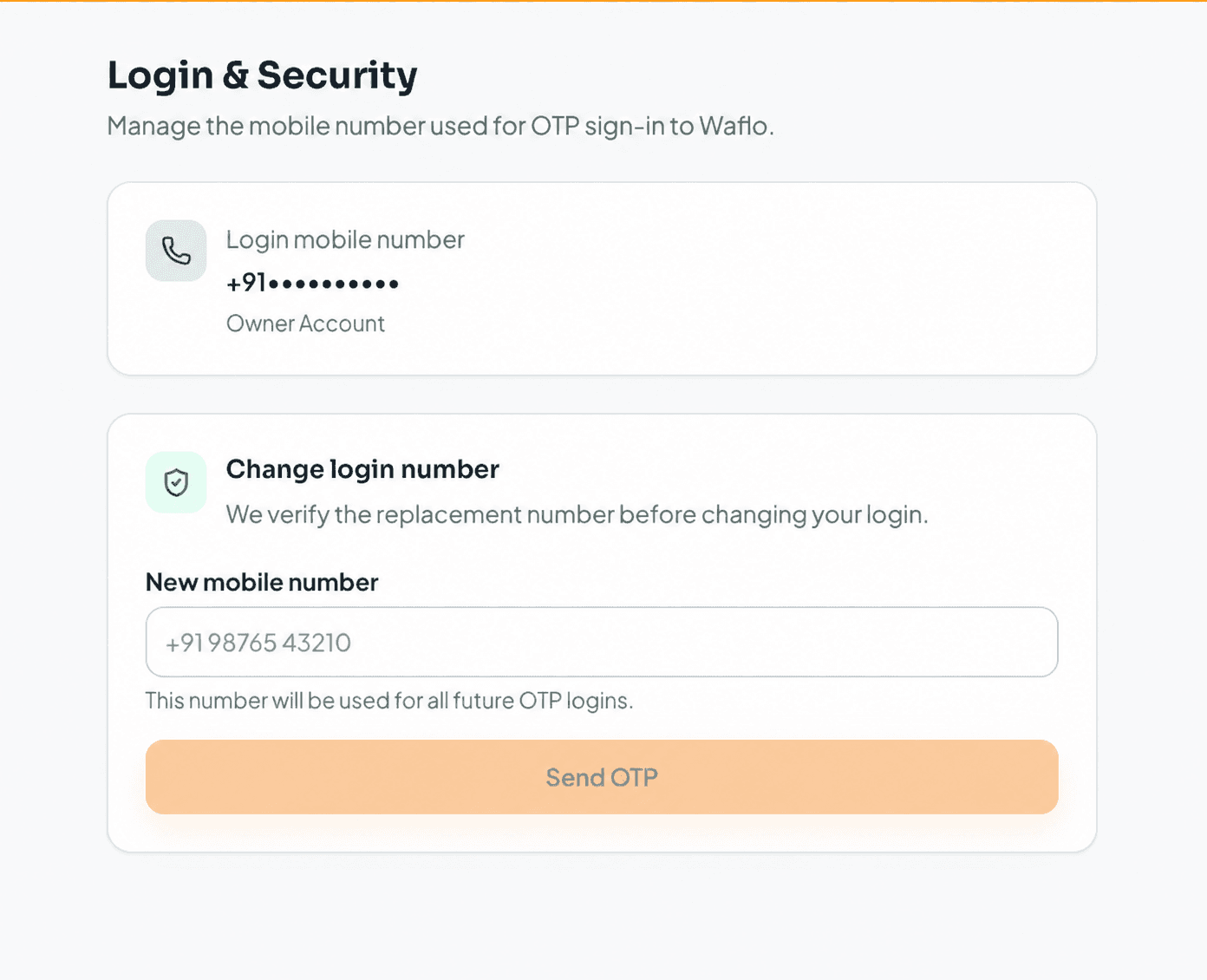 Login and Security page with the current number masked and the change-number form
