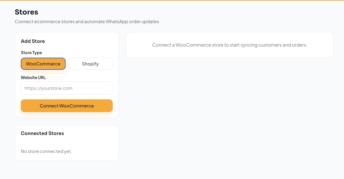 Stores page with WooCommerce connection form and connected stores list