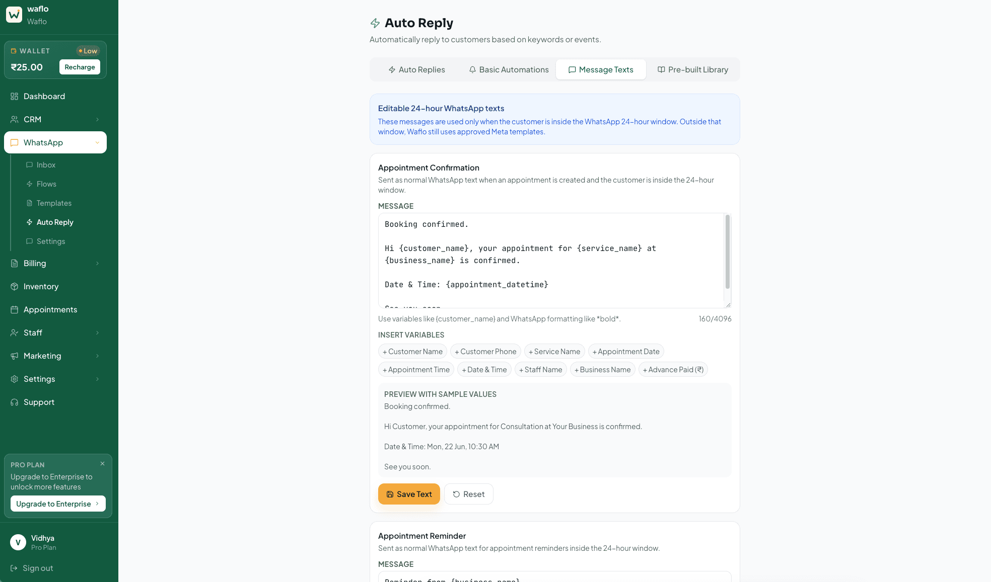 Editable 24-hour WhatsApp text and sample preview