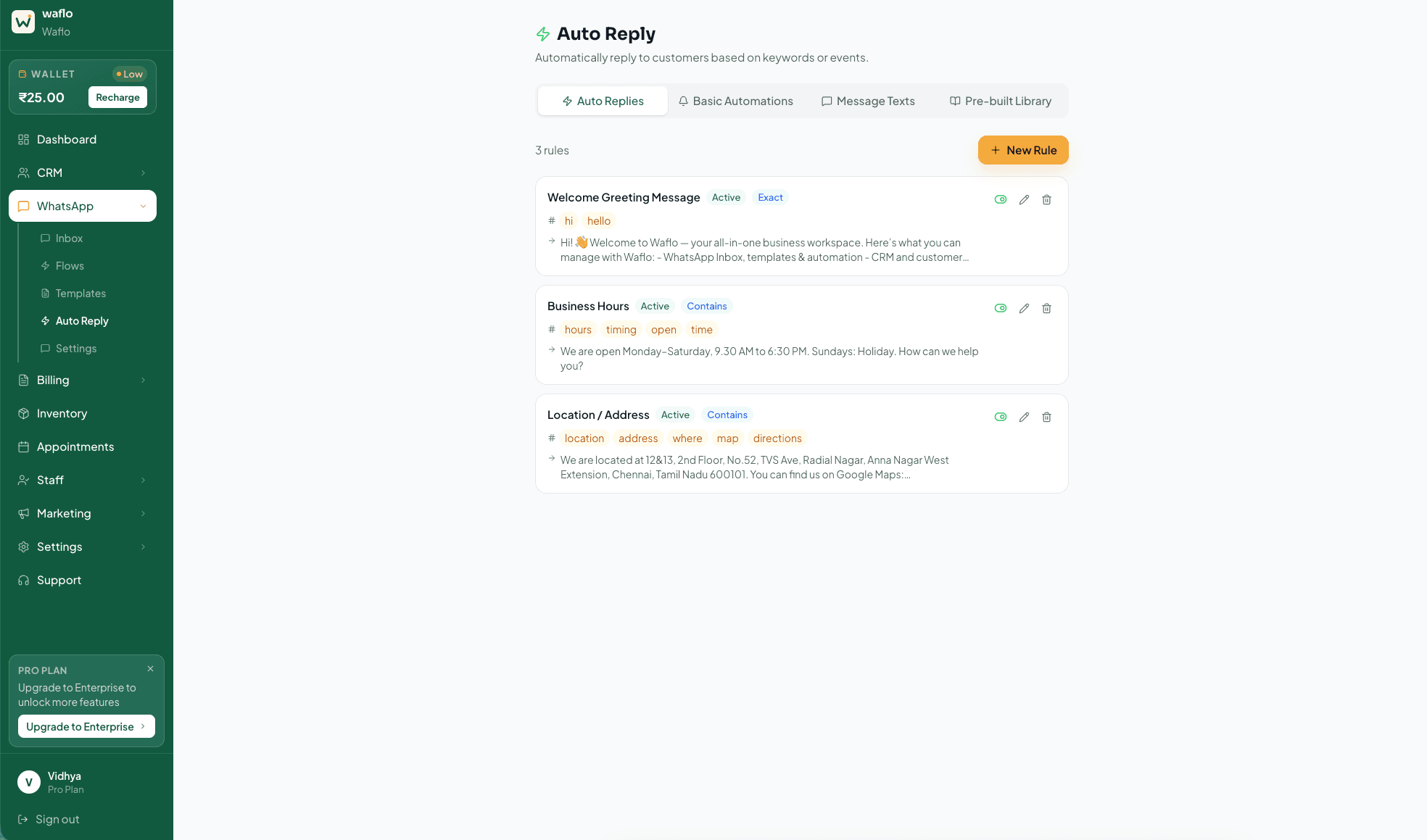 Auto Reply page with keyword rules and New Rule button