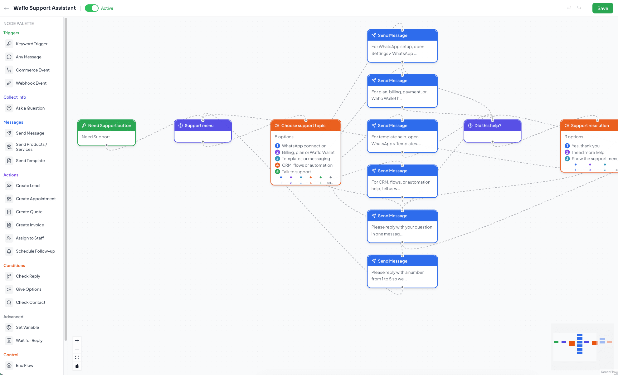 Chatbot builder canvas with connected nodes and node palette