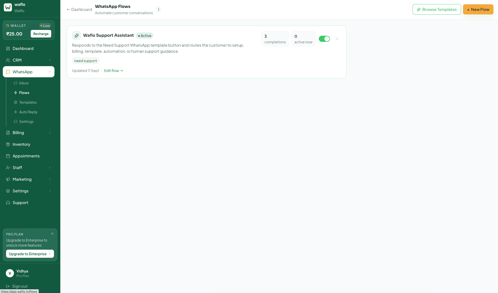 WhatsApp Flows list with existing flow and New Flow button