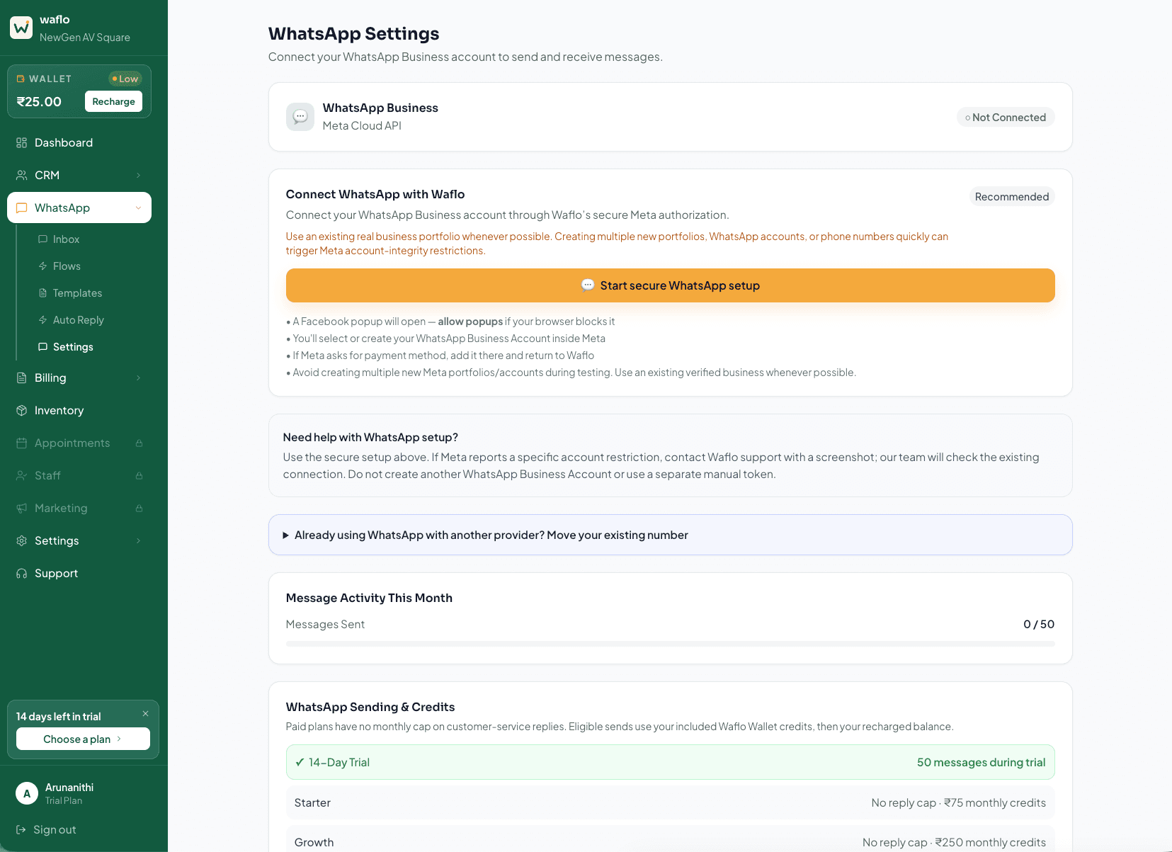 WhatsApp Settings with Start secure WhatsApp setup button