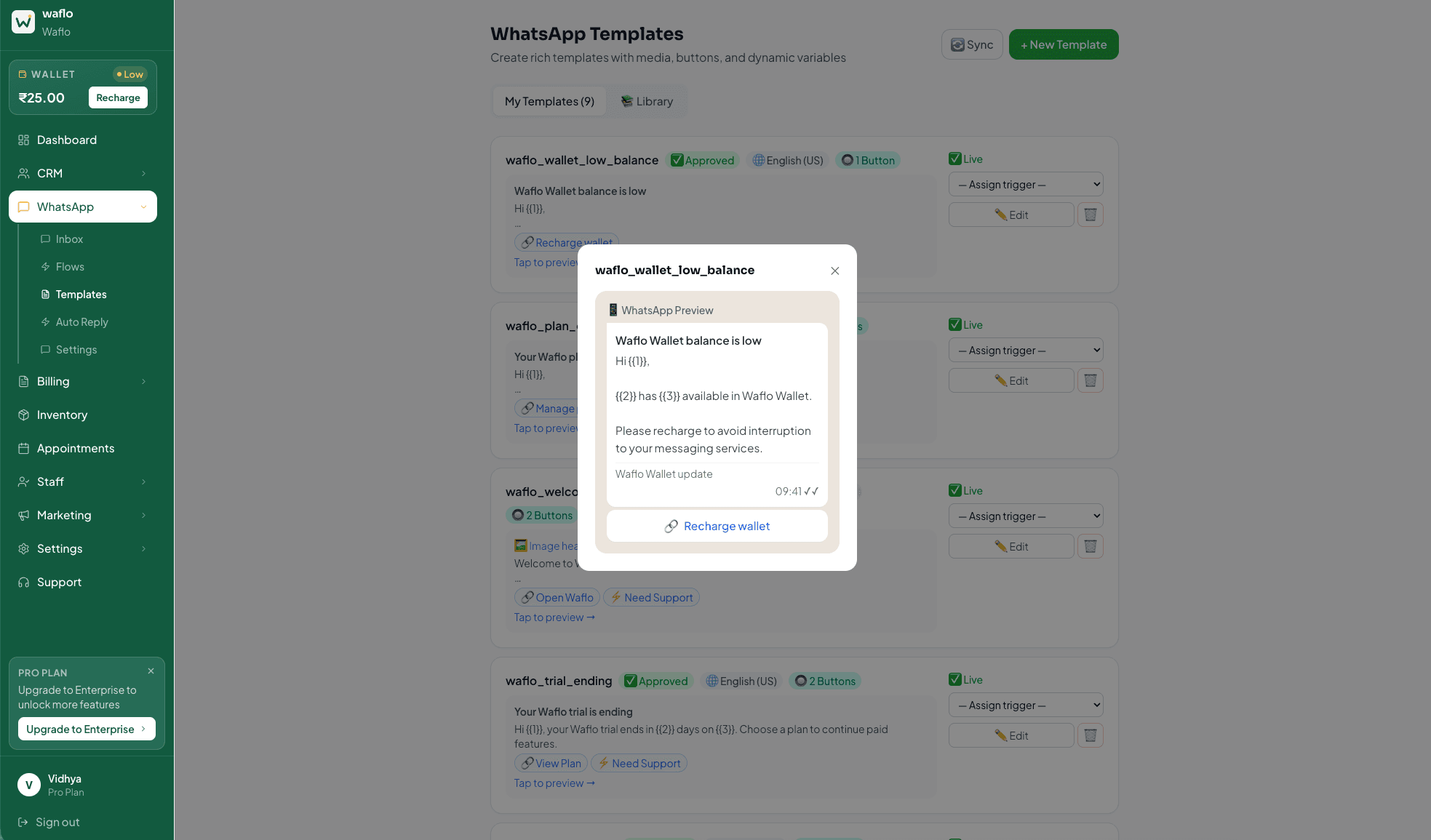WhatsApp-style preview of a saved template