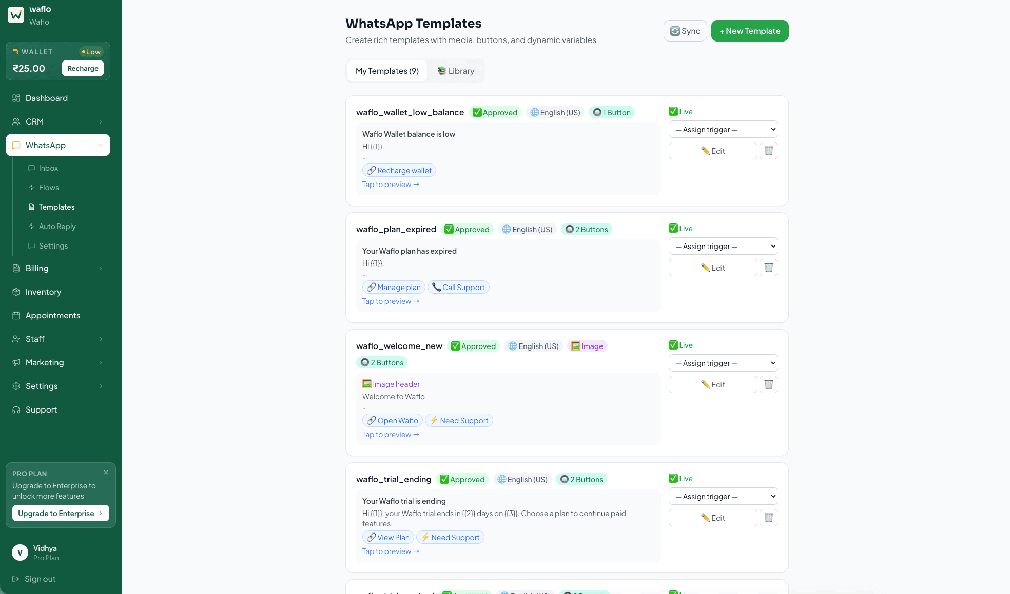 WhatsApp Templates page with template list and New Template button