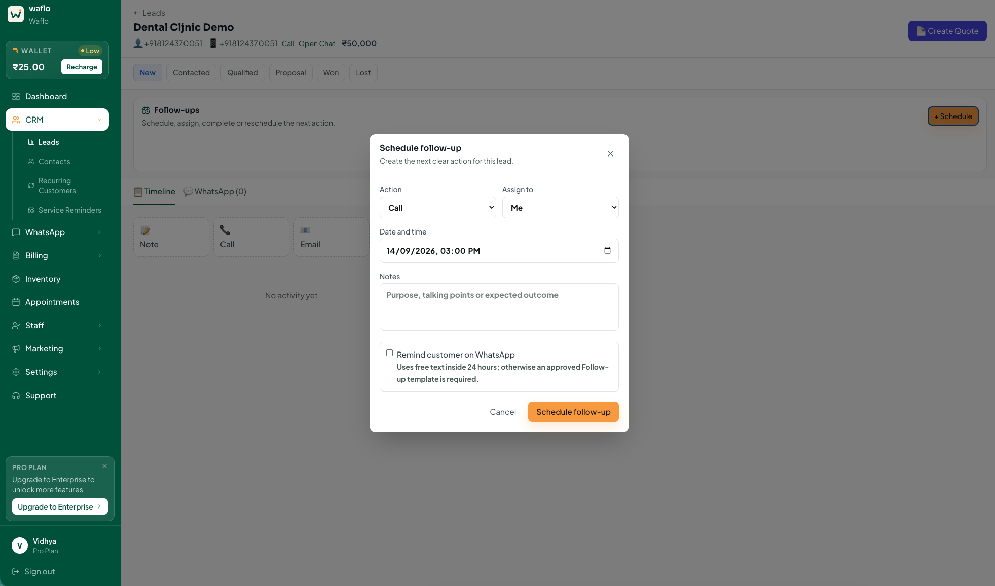 Waflo form for scheduling a lead follow-up with an assignee and due time