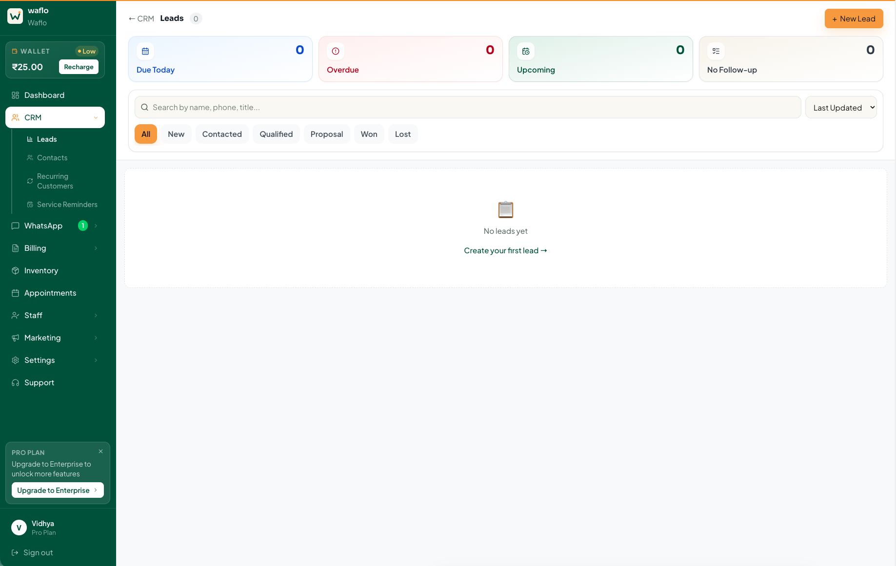 Waflo lead list with status filters and follow-up summary cards