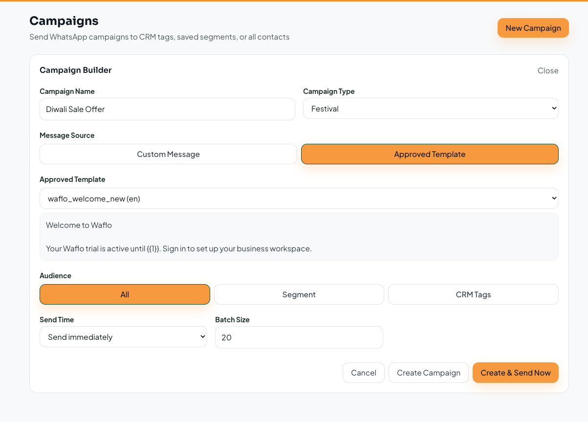 Waflo Campaign Builder with message, audience and send-time settings