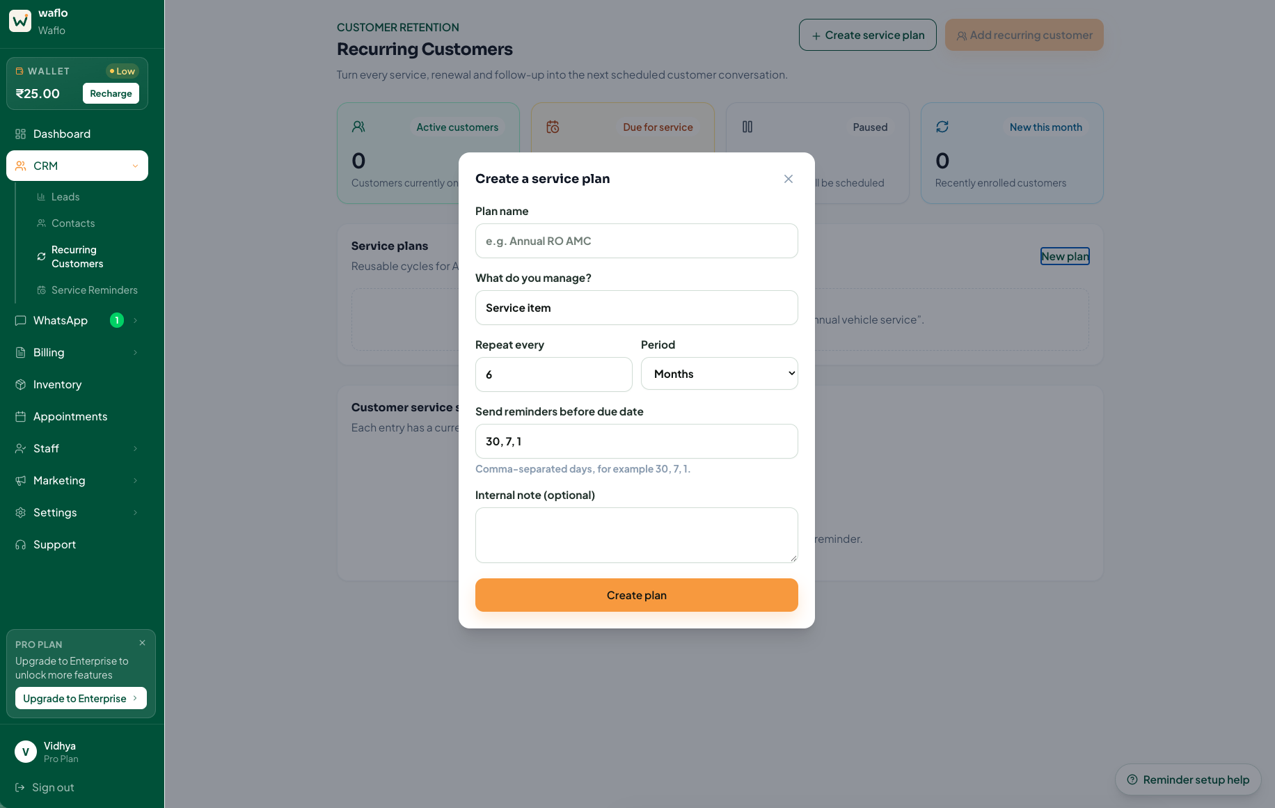 Waflo recurring service-plan form with repeat interval and reminder settings